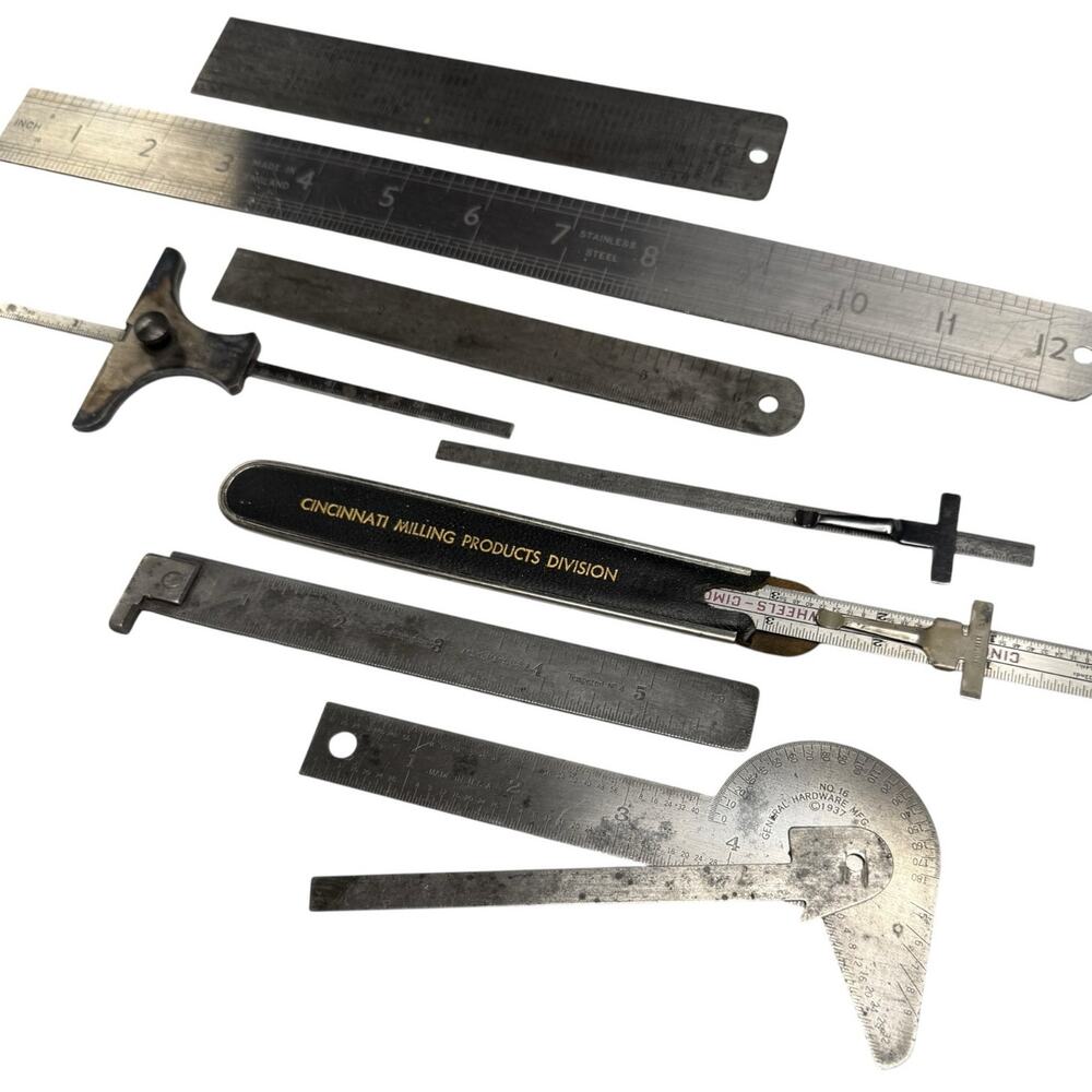 Lot of 8 Vintage Machinist Rulers Starrett Cincinnati General Tempered Steel